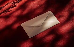 White envelope casting shadow on red t background photo