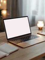 Modern laptop showing blank screen on wooden desk in cozy home office photo