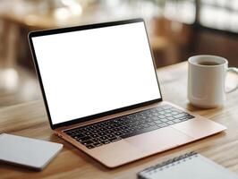 Mocha colored laptop showing blank screen on wooden table with coffee mug and notepads photo