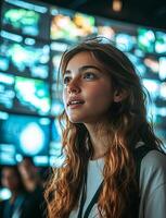 Young woman observing big data analysis on multiple computer screens photo
