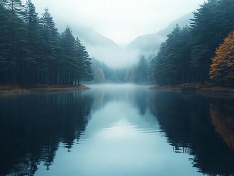 Fog covering forest reflecting on lakes in autumn photo
