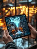 Woman using tablet at christmas time photo
