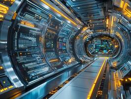 Futuristic spaceship corridor with glowing lights and control panels photo