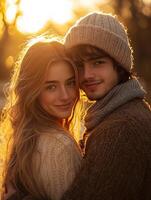 Young couple embracing at golden hour in warm knitwear photo