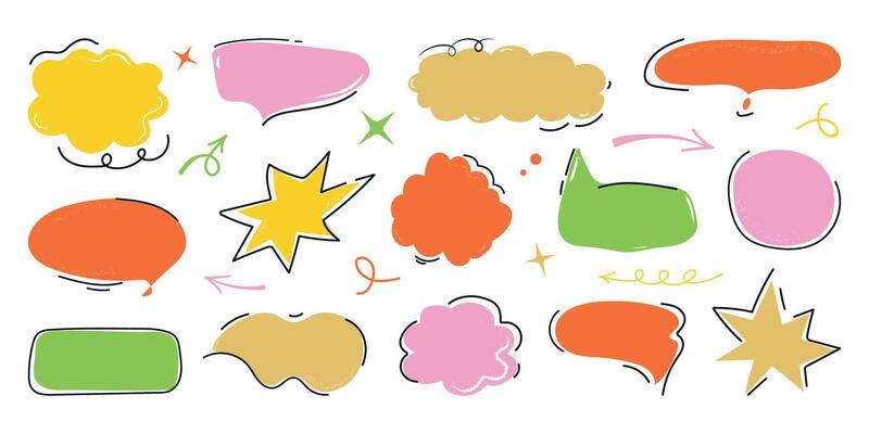 Handwritten Speech bubble set. Chat balloons for text, dialog icon, comic comments in trendy doodle style. Message in cloud frame, talk box. Isolated illustration on white background.