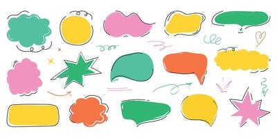 Speech bubbles in trendy doodle style. Handwritten Chat balloons set for text, dialog icon. Message in cloud frame, comic comments, talk box. Isolated illustration on white background. vector