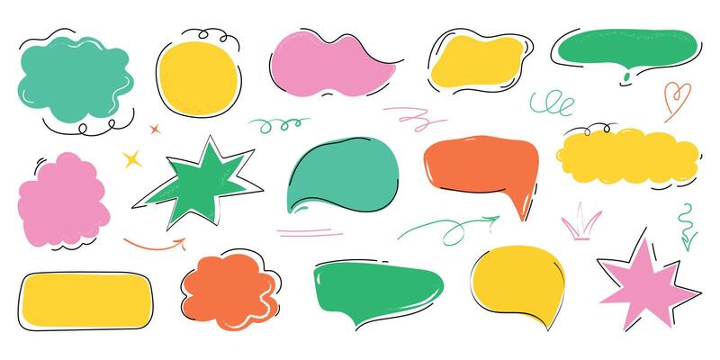 Speech bubbles in trendy doodle style. Handwritten Chat balloons set for text, dialog icon. Message in cloud frame, comic comments, talk box. Isolated illustration on white background.