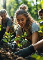 Volunteer planting trees in the forest for a sustainable future photo
