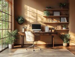 Modern, cozy and elegant home office with mocha mousse colored walls and lush greenery photo