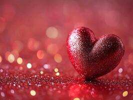 Red heart reflecting on red surface with bokeh lights photo