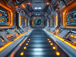 Futuristic spaceship corridor with glowing orange lights and control panels photo