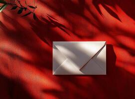 White envelope casting shadow on red textured background with plant branch photo