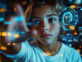 Young child interacting with futuristic digital interface and hologram photo