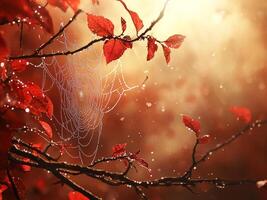 Dewy spiderweb hanging between branches with autumn leaves in golden sunlight photo
