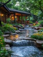 Small waterfall flowing through lush garden in summer photo