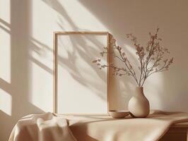 Sunlight illuminating empty podium, vase and teacup in room photo
