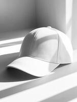White baseball cap casting a shadow on white background photo
