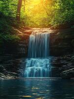 Waterfall cascading into a crystal clear pond in a lush green forest photo