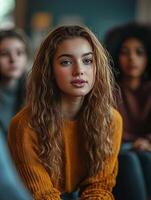 Woman listening attentively during a presentation in a warmly lit room photo