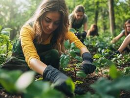 Woman planting trees in the forest for a sustainable future photo