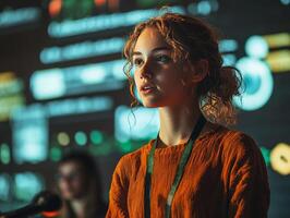 Young woman observing big data analysis photo