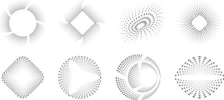 Eight halftone dotted spiral and circular shapes creating a dynamic and hypnotic effect vector