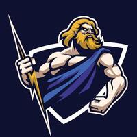 logo of Zeus, greek god of thunder, holding lightning bolt with shield background vector