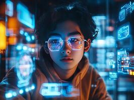 Young programmer working with futuristic holographic interface and augmented reality data photo