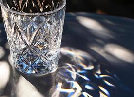 Glass reflecting sunlight on white table photo