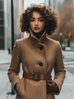 Stylish woman wearing brown coat and leather gloves in urban setting photo