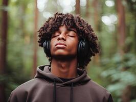 Young man listening to music with headphones in forest, enjoying nature and sounds photo