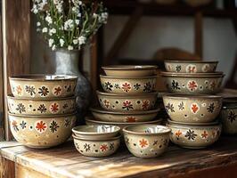 Ceramic bowls with traditional decorations sitting on burlap surface photo