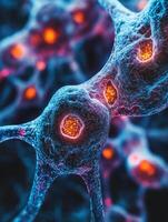 Microscopic views of neuron cells firing and communicating with synapses photo