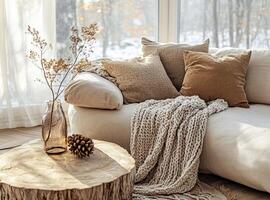 Comfortable sofa with knitted blanket and pillows near window in living room photo