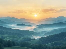 Morning mist rolling over hills and forest in mountain valley photo