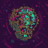 futuristic colorful lion head, shape of lion head combined with electronic board presented in cyberpunk style, concept of powerful technology vector