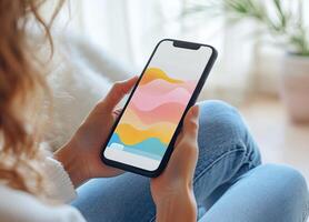 Woman holding smartphone with colorful screen photo