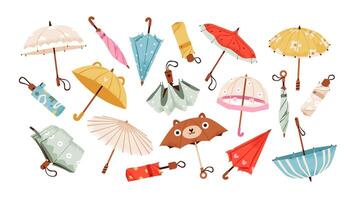 Set of various umbrellas in different positions. Portable umbrellas for travel and rainy weather adventures. Flat illustration. vector