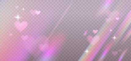 Iridescent crystal leak glare reflection effect. Optical rainbow ray lights, glare, leak, streak overlay. colorful lenses and light flares with transparent effects on light background. vector