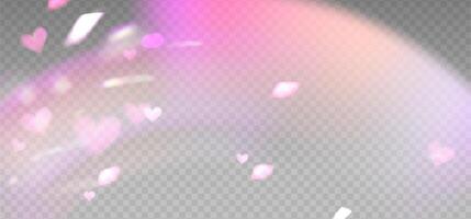 Prism pink light flare effect in motion, lovely light overlay background with warm shine of crystal glass, heart shiny glow. Prism light dispersion with rays and shiny glares effect. vector