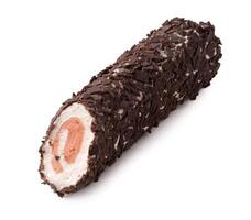 Delicious chocolate-covered ice cream roll with strawberry filling suitable for summer treats photo