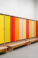 Brightly colored locker doors line a minimalist space designed for organized storage and personal belongings at a recreational facility photo