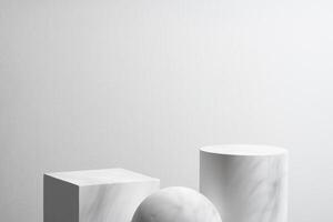 Abstract composition featuring three white geometric shapes in a minimalist interior setting photo
