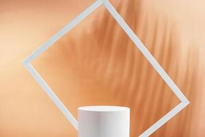 Minimalistic display of a white cylindrical object framed by a white rectangular border against a soft orange background photo