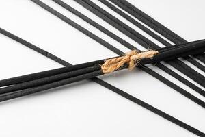Black aromatic sticks resting on a plain white background photo