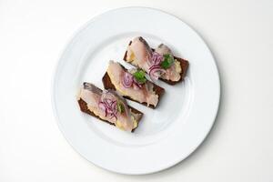 Open-faced sandwiches with herring and onions served on a white plate photo