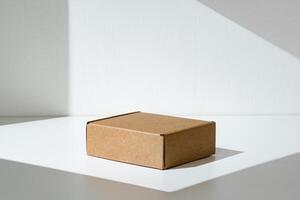 Simple brown cardboard box positioned on a white surface with soft angled shadows in natural light photo