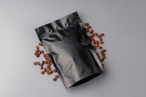 A bag of premium coffee beans surrounded by scattered coffee beans on a gray background photo