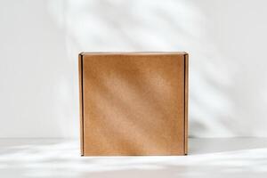 Simple brown cardboard box positioned on a white surface with soft angled shadows in natural light photo
