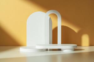 Minimalistic white display framed by a white curved border against a soft orange background photo